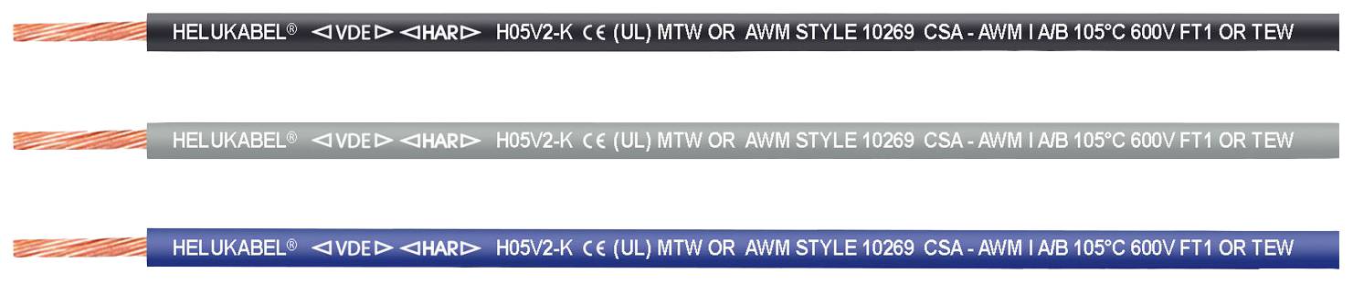 Drei Kabel mit unterschiedlichen Farben und Beschriftungen 'HELUKABEL H05/7K'. Jeweils markiert für 600V Spannung und 105°C Temperatur.