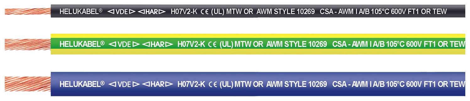 Drei Kabelmuster mit Aufschrift: 'HELUKABEL H07V-K CE UL MTW CSA-AWM I A/B 105°C 600V FT1 OR FT2'. Farben: blau, gelb-grün, schwarz.