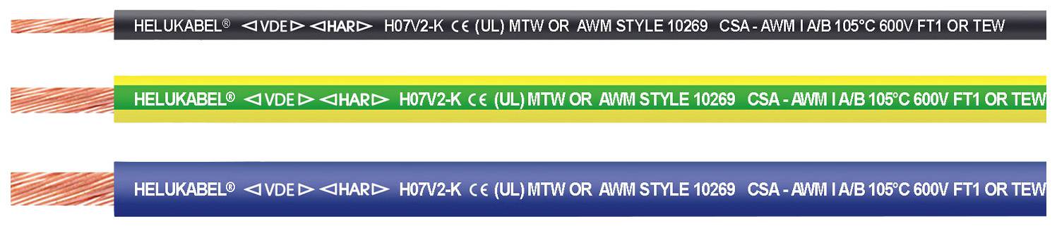Drei Kabel in unterschiedlichen Farben (grau, gelb-grün, blau) mit Aufschriften: 'HELU KABEL H07V-K'. Verwendungszweck: elektrische Installation.