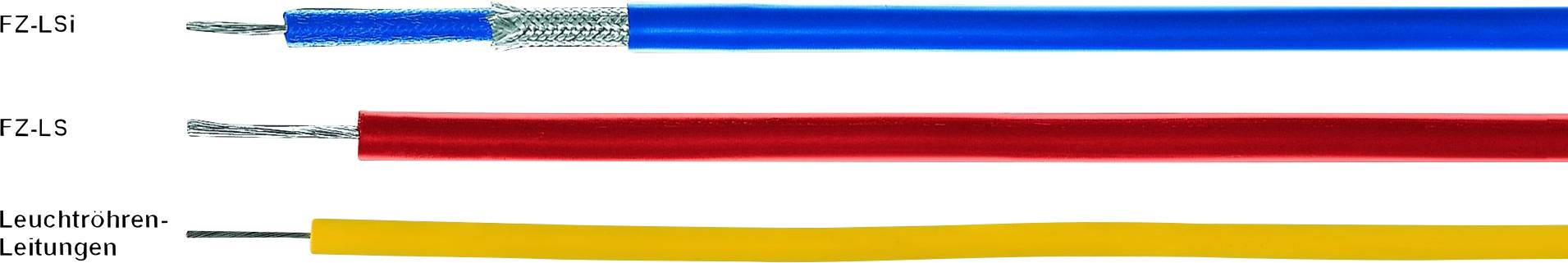 Drei isolierte Kabel: Oben blau (ZZLSI), mittig rot (ZZLSI), unten gelb mit der Bezeichnung 'Leuchtenleitungen'.