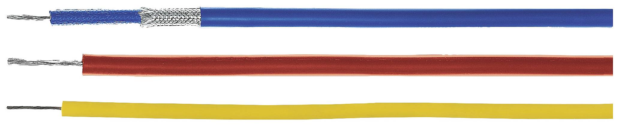 Drei Kabel in verschiedenen Farben: Blau, Rot und Gelb. Jedes hat einen dünnen Drahtkern und eine farbige Isolationshülle.