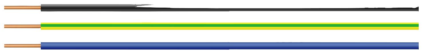 Drei Elektrokabel: oberes Kabel schwarz, mittleres Kabel grün-gelb, unteres Kabel blau.