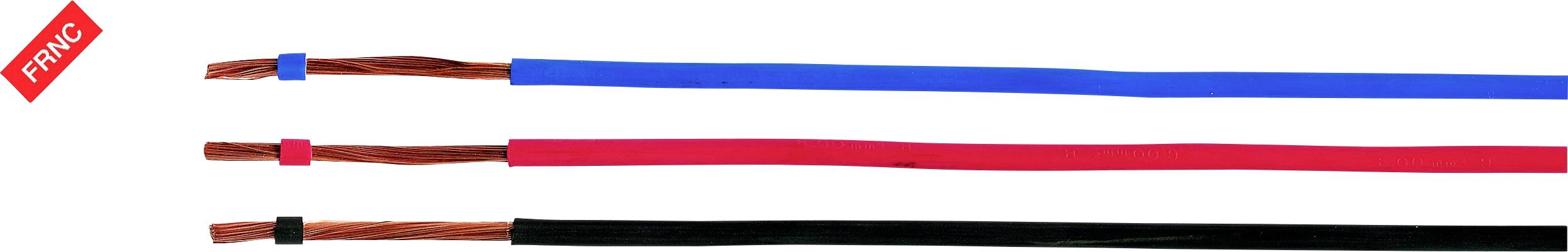 Drei isolierte elektrische Kabel in Blau, Rot und Schwarz.