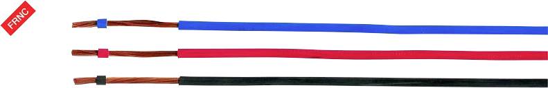 Drei unterschiedlich farbige elektrische Kabel, jeweils blau, rot und schwarz isoliert, mit dem Text 'FRTNC' in der linken oberen Ecke.