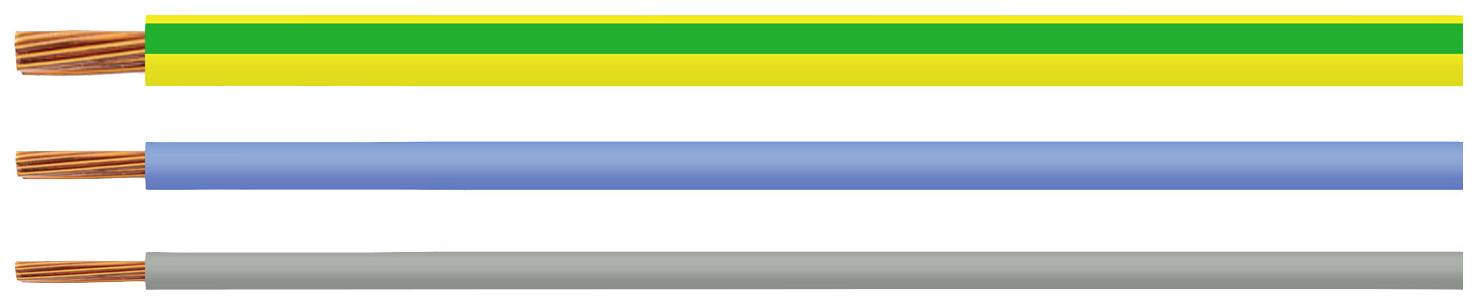 Drei einzelne elektrische Drähte, von oben nach unten: grün-gelb (Erdung), blau (Neutralleiter), grau (Leiter).