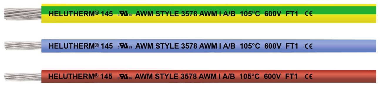 Drei Helutherm® 145 Kabel: gelb-grün, blau und rot, jeweils mit AWM STYLE 3578 Aufdruck, geeignet für 105°C, 600V, FT1.
