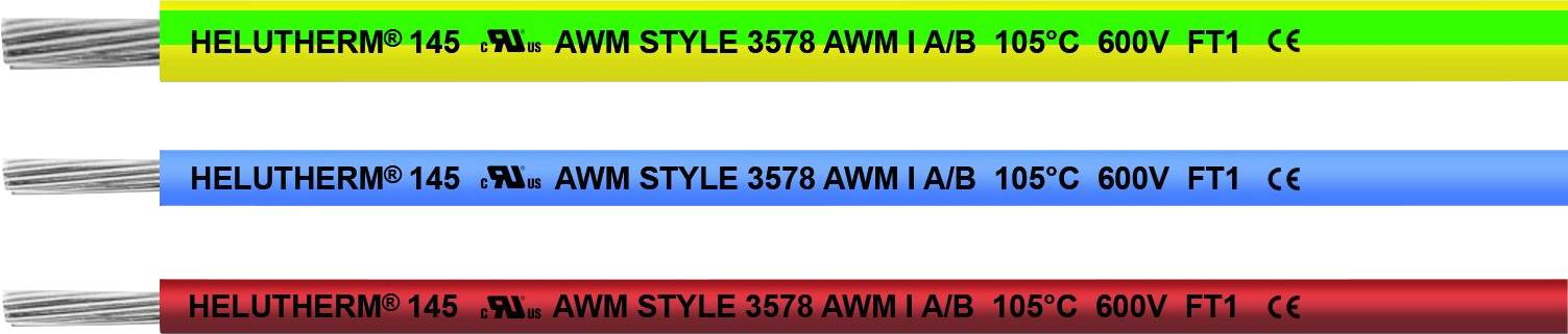 Drei bunte Kabel mit der Aufschrift 'HELUTHERM 145'. Farben: Gelb, Blau, Rot. Temperaturbereich: 105°C. Spannung: 600V.