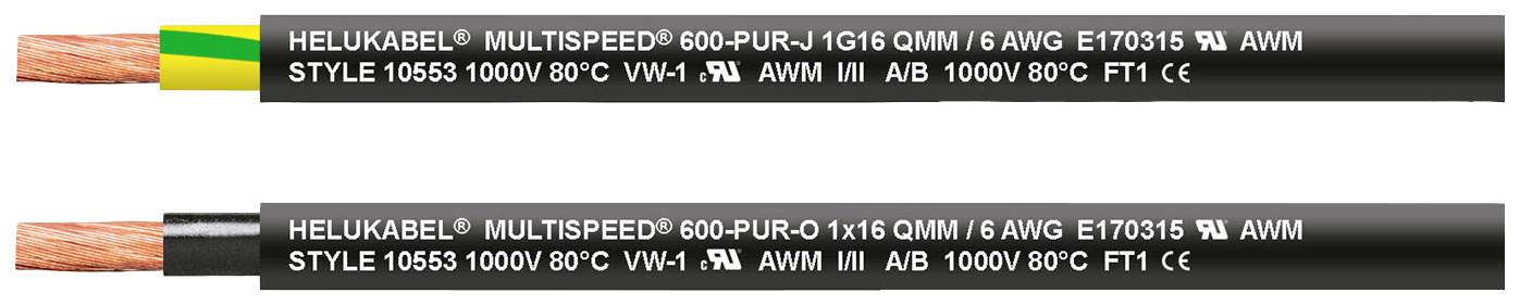 Zwei schwarze Kabel von 'HELUKABEL', mit Beschriftungen zu technischer Spezifikation und Sicherheitsstandard. Oberes und unteres Kabel unterscheiden sich durch Farben und Aufschriften.