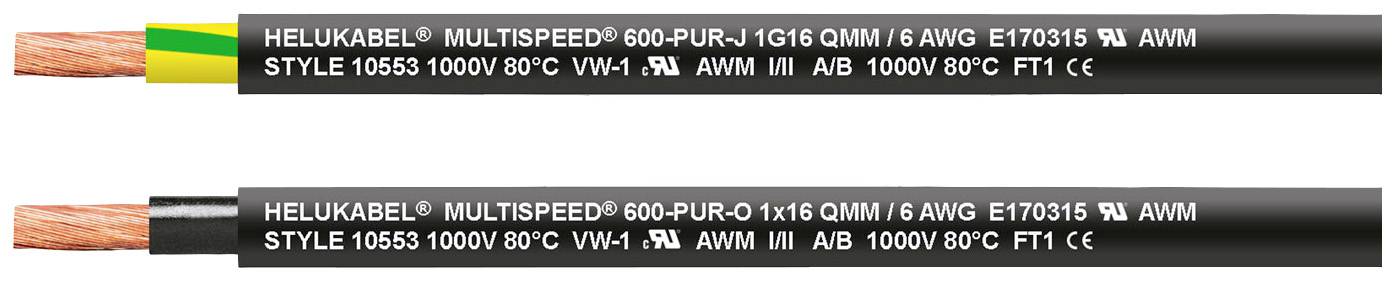 Zwei schwarze Multispeed-Kabel von Helukabel mit farbigen Innenleitern, beschriftet mit Spezifikationen wie 1000V und 6053 AWG.