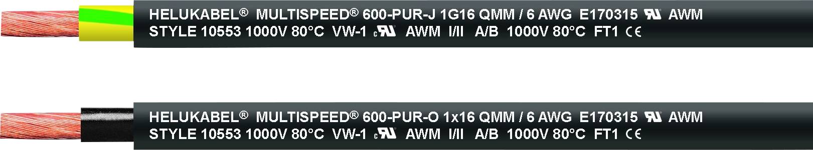 Zwei industrielle Helukabel mit schwarzer Ummantelung, Aufdruck 'MULTISPEED 600-PUR'. Obere Leitung hat gelbe Verbindung, untere keine.