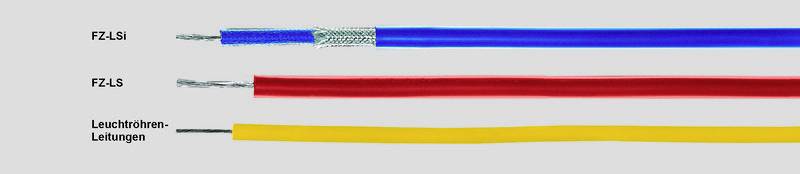 Drei Kabeltypen: Blau (FZLSi), Rot (FZLS), und Gelb (Leuchtdraht-Leitungen), jeweils mit freigelegten Drahtenden links.