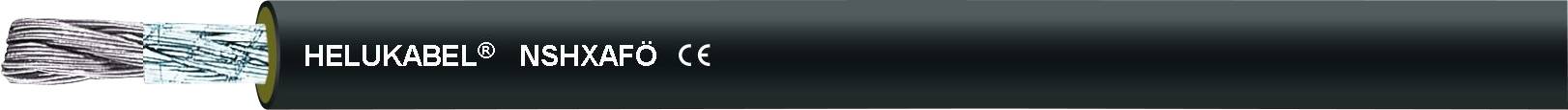 Schwarzes Kabel mit sichtbaren Drähten am Ende, beschriftet mit 'HELUKABEL' und 'NSHXAFO CE'.