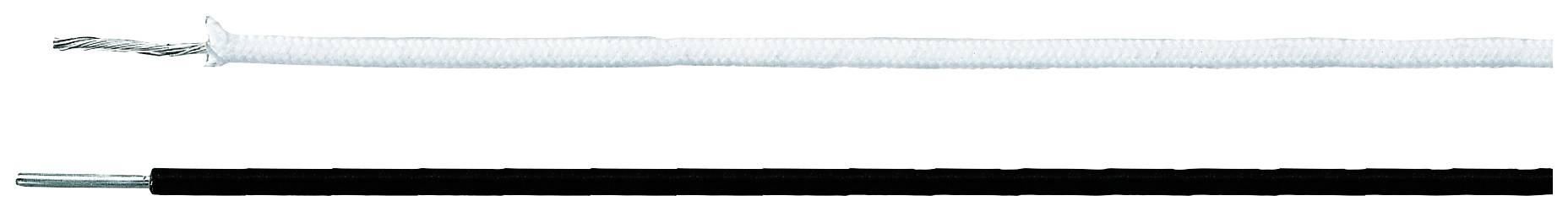 Zwei nebeneinanderliegende Kabel, eines weiß, eines schwarz. Beide Kabel sind teilweise abisoliert und zeigen den inneren Draht.