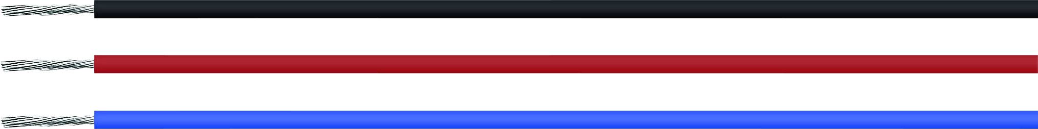 Drei isolierte Drähte: oben schwarz, in der Mitte rot, unten blau. Jeder hat eine metallische Ummantelung an beiden Enden.