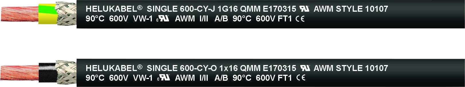 Zwei schwarze Kabel mit weißen Aufdrucken; oben: 'HELU KABEL SINGLE 600-CY'; unten: identische Beschriftung mit leichten Abweichungen.