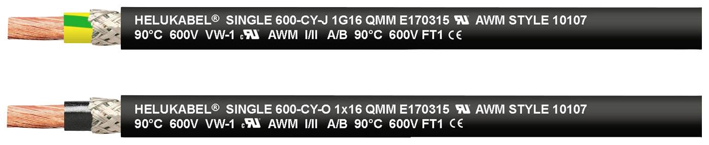 Zwei schwarze elektrische Kabel mit der Aufschrift 'HELUKABEL SINGLE 600-CY-J' sowie technischen Spezifikationen für Temperatur und Spannung.