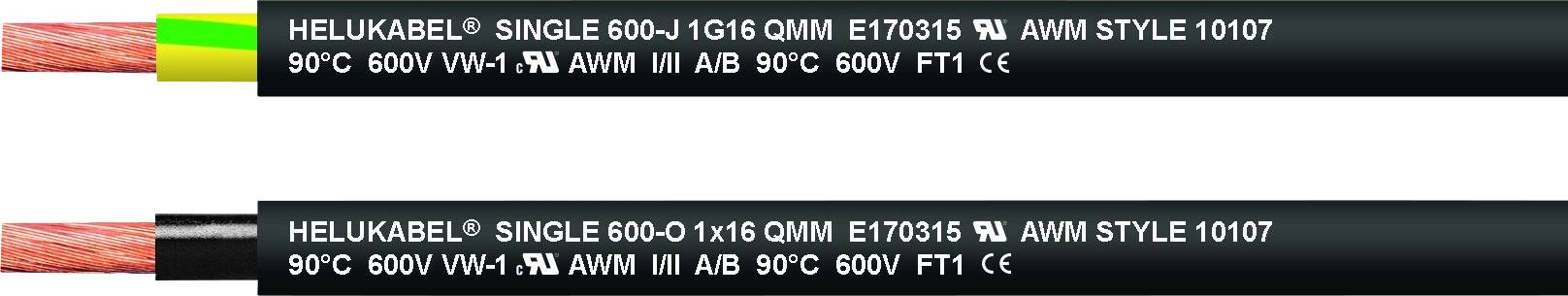Zwei schwarze Kabel mit rotem Draht; Aufschrift: 'HELUKABEL SINGLE 600-V 1x16 90°C 600V VW-1 FT1 CE E170315 AVM STYLE 10107'.