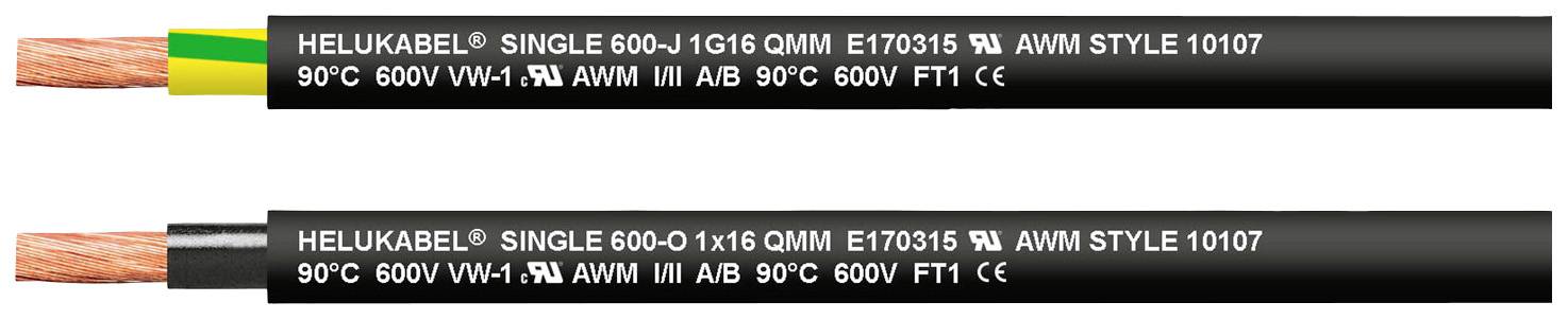 Zwei schwarze Kabel, eines mit gelb-grüner Isolierung, beide beschriftet mit technischen Spezifikationen von HELUKABEL für elektrische Anwendungen.