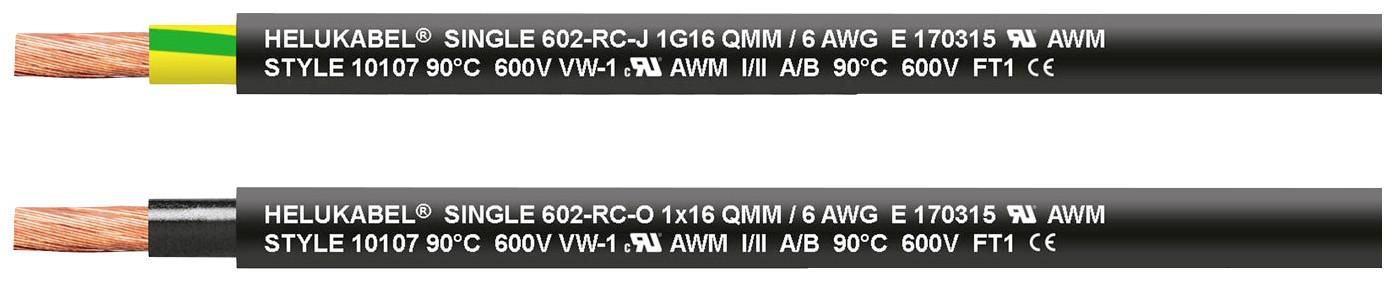 Zwei elektrische Kabel mit Beschriftung 'HELUKABEL', eines mit gelb-grünem Schutzmantel, das andere mit schwarzem Mantel, 600V, 90°C.