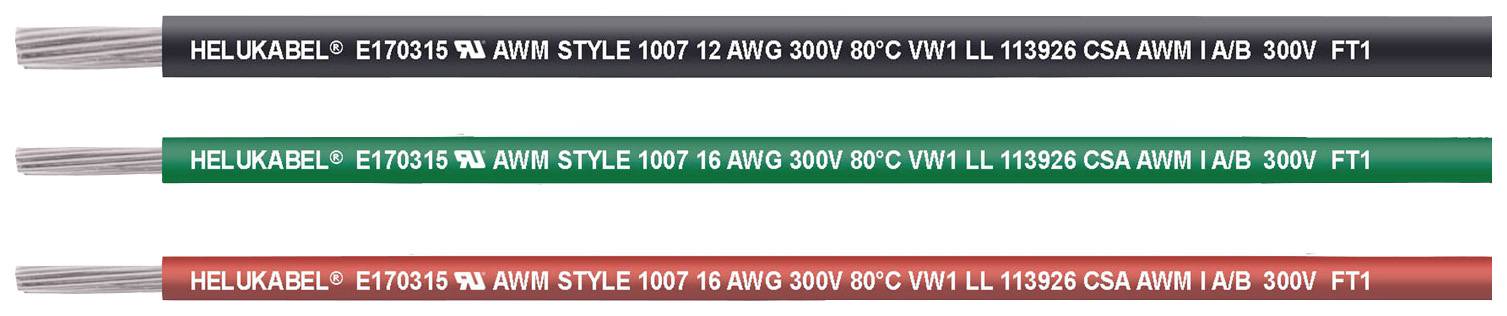 Drei Kabel mit Beschriftungen, die ihre technischen Spezifikationen anzeigen. Das obere Kabel ist schwarz, das mittlere grün, das untere rot.