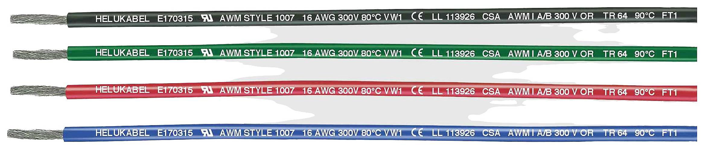 Vier nebeneinander liegende Kabel: Schwarz, grün, rot und blau, jeweils mit weißem Text bedruckt zur Spezifikation und Kennzeichnung.