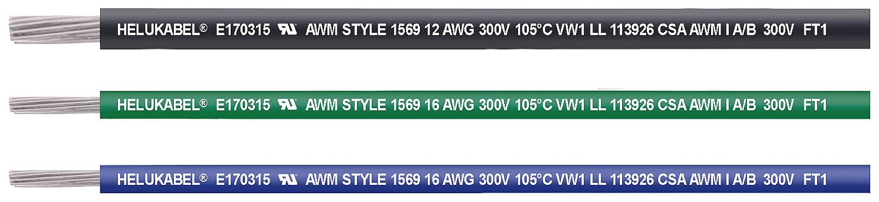 Drei Kabel in den Farben Schwarz, Grün und Blau mit Aufdruck 'HELUKABEL E170315 AWM STYLE 1569 12 AWG 300V 105°C VW-1 LL 113295 CSA AWMM I A/B 300V FT1'.