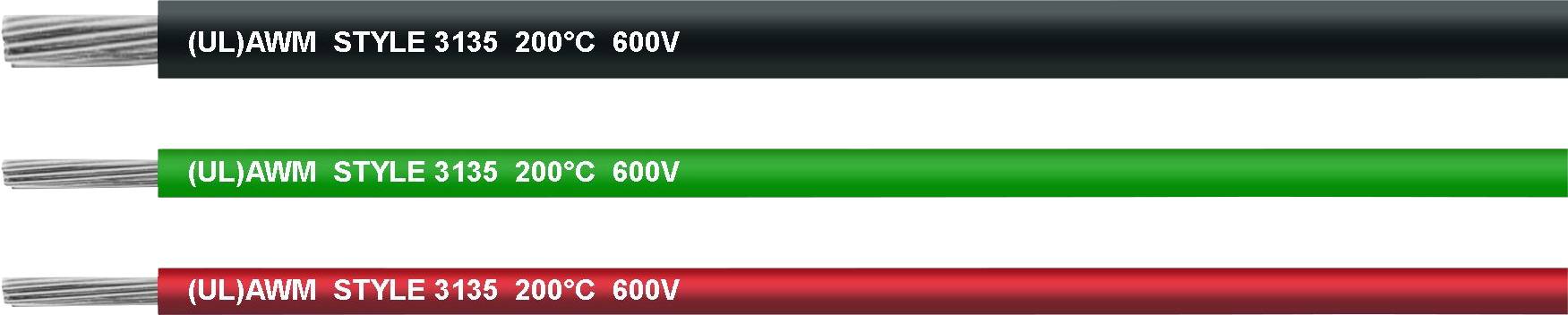 Drei Kabel in Schwarz, Grün und Rot, mit der Aufschrift '(UL) AWM STYLE 3135 200°C 600V', die jeweils Spannung und Temperatureignung anzeigen.