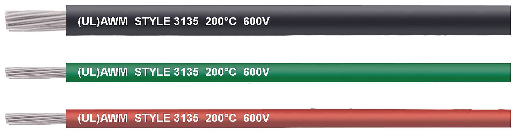 Drei Kabel mit Beschriftung '(UL) AWM STYLE 3135 200°C 600V' in Schwarz, Grün und Rot.