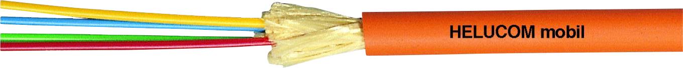 Orange Kabel mit sichtbaren bunten Innenleitern und der Aufschrift 'HELUCOM mobil'.