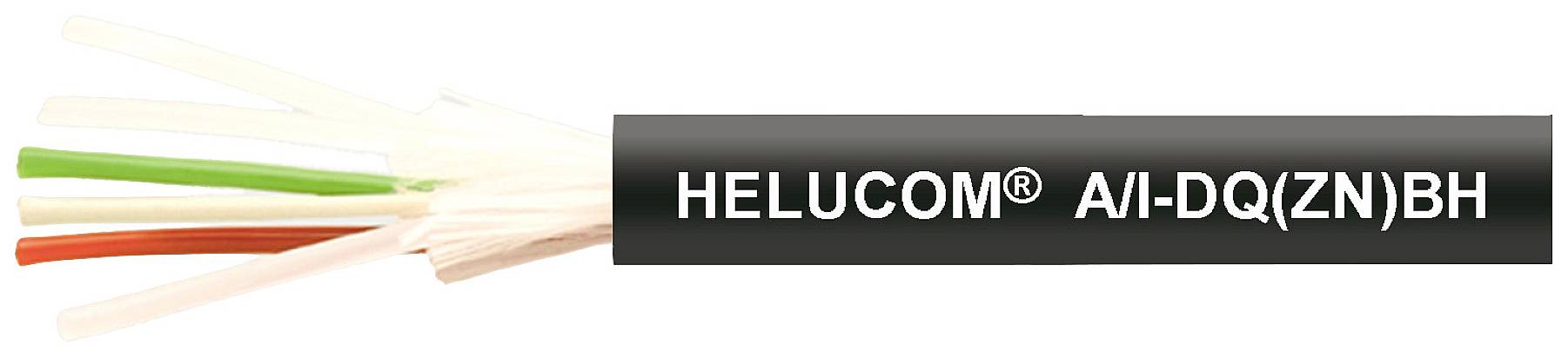 Glasfaserkabel mit schwarzer Ummantelung, Aufschrift 'HELUCOM A/I-DQ(ZN)BH' in Weiß, mit farbigen Glasfasern an einem Ende sichtbar.