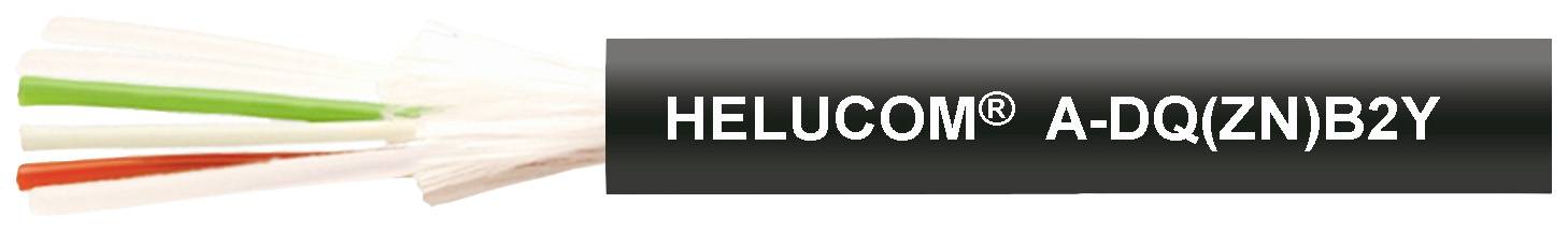 Schwarzes Kabel mit Beschriftung 'HELUCOM® A-DQ(ZN)B2Y', zeigt farbige Innenstränge eines Lichtwellenleiterkabels.