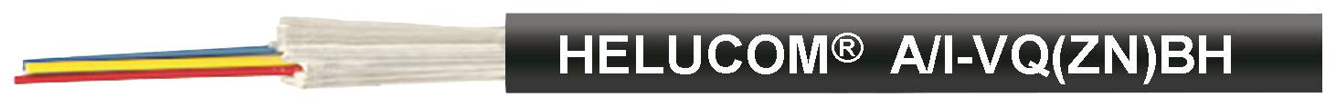 Ein Kabel mit vier farbigen Innenleitern neben dem Text 'HELUCOM® A/I-VQ(ZN)BH'.