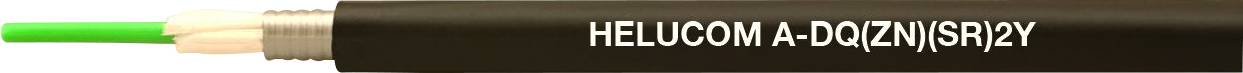 Ein schwarzes Kabel mit einem grünen Innenleiter. Auf dem Kabel steht 'HELUCOM A-DQ(ZN)(SR)2Y'.