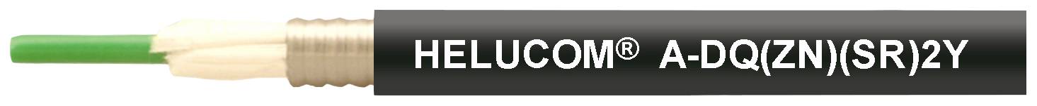 Schwarzes Helucom®-Kabel mit Bezeichnung 'A-DQ(ZN)SRY2Y', geeignet für Telekommunikationsanwendungen, grüner Innenkern sichtbar.