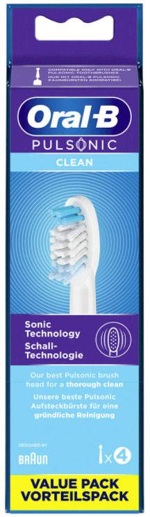 Verpackung der Oral-B Pulsonic Clean mit Schall-Technologie, zeigt Zahnbürstenkopf. Text: 'Value Pack Vorteils-Pack', enthält 4 Stück.