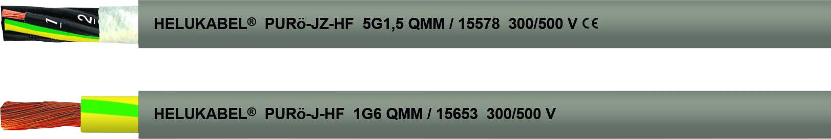 Zwei Kabel nebeneinander: Oben 'HELUKABEL® PURö-JZ-HF 5G1,5 QMM / 15578 300/500 V CE', unten 'HELUKABEL® PURö-J-HF 1G8 QMM / 15663 300/500 V'.