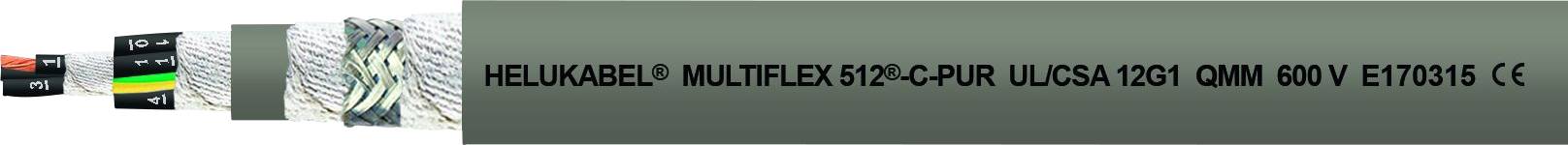 Kabel in Querschnittsansicht mit mehreren isolierten Leitern und Beschriftung: 'HELUKABEL MULTIFLEX 512-P-C-PUR UL/CSA 1230 CMM 600V E170315 CE'.