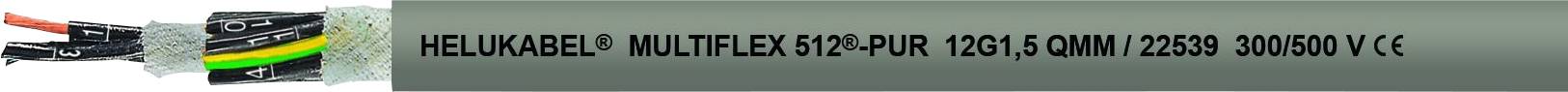 Kabel mit schwarzer Isolierung und farbigen Drähten. Text auf dem Kabel: 'HELUKABEL MULTIFLEX 512-PUR 12561 0.6MM² 22528 300/500 V ∙ ∙ VDE ∙ ∙'.