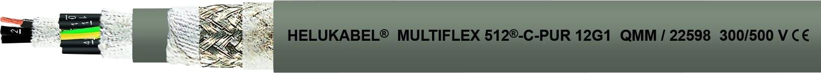 Ein graues Kabel mit der Aufschrift 'HELUKABEL MULTIFLEX 512-PUR 12G1 0MM² 22959 300/500 V CE', zeigt Innenleiter und Abschirmung.
