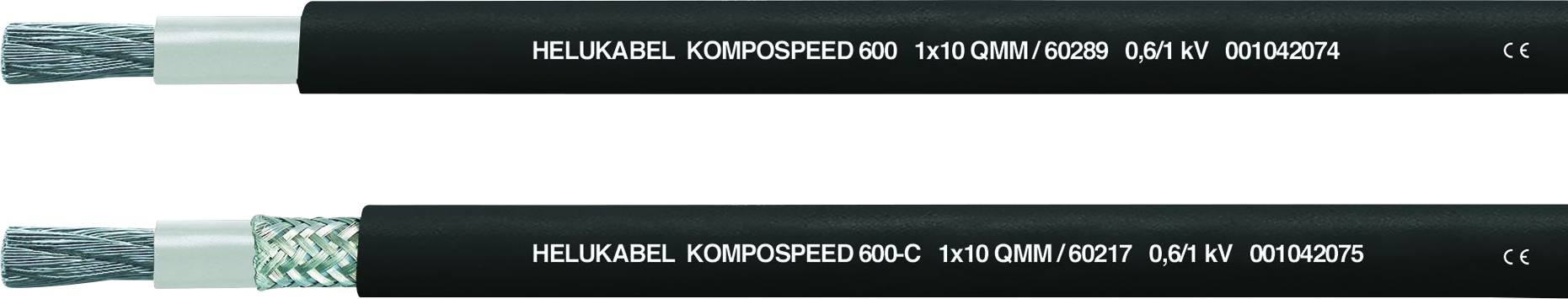 Zwei schwarze Kabel mit der Aufschrift 'HELUKABEL KOMPOSPEED 800 1x10 0,61 kV', zeigen den Querschnitt und die Ummantelung.