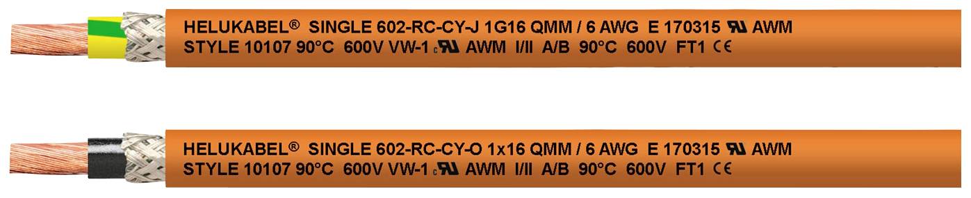 Zwei orangene Elektrokabel mit schwarzem Text und Leitungsspezifikationen, die Kabelquerschnitt und Temperaturtoleranz anzeigen.