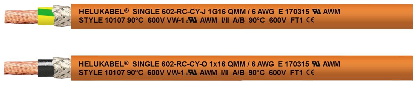 Zwei Abschnitte eines orangefarbenen Kabels nebeneinander, mit schwarzer Aufschrift: 'HELUKABEL SINGLE', technische Spezifikationen aufgeführt.
