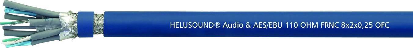 Blaues Audiokabel mit Aufschrift 'HELIOSOUND® Audio & AES/EBU 110 OHM FMK 8x2x0,25 CPC'. Mehradriges Design für zuverlässige Verbindung.