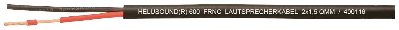 Lautsprecherkabel mit der Aufschrift 'HELUKABEL 2X1,5 QMM 400180', gezeigt als Detailaufnahme von Kabelisolierung und Beschriftung.
