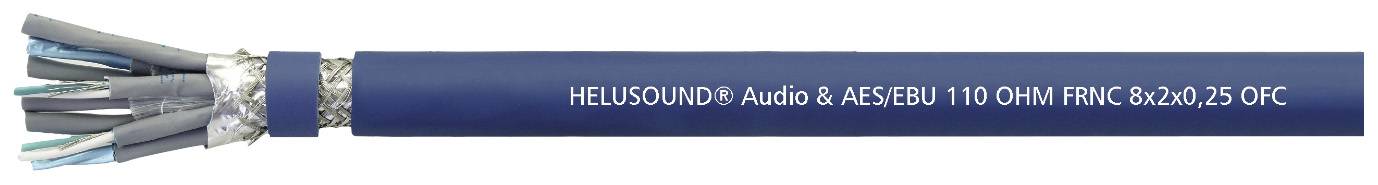 Blaues Audiokabel mit der Beschriftung 'HELU-SOUND® Audio & AES/EBU 110 OHM FMK 8x2x0,25 OFC', zeigt Innenleiter und Abschirmung.