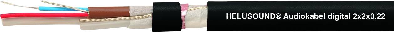 Audiokabel, Marke HELIOSOUND, digitales Modell 2x2x0,22, teilweise abisoliert, zeigt Drähte in verschiedenen Farben.
