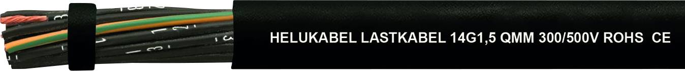 Schwarzes Elektrokabel mit Aufschrift 'HELU KABEL LASTKABEL (4G) 1,5 QMM 300/500V ROHS CE', zeigt Spezifikationen des Kabels.