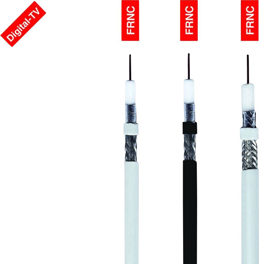 Drei Koaxialkabel für Digital-TV, gekennzeichnet mit 'FRNC'. Zwei Kabel haben weiße Isolierung, eines hat eine schwarze Isolierung.