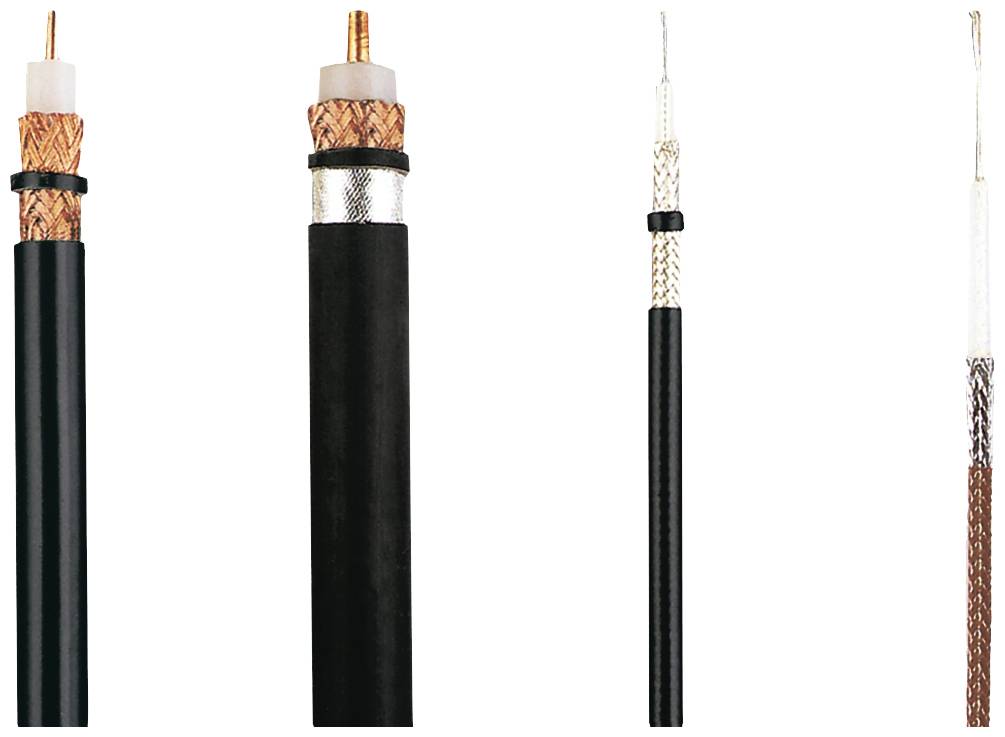 Vier verschiedene Koaxialkabel mit unterschiedlichen Dicken und Ummantelungen in einer Reihe. Das erste Kabel links ist am dicksten.