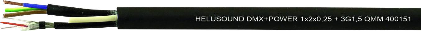 Ein mehradriges Kabel mit schwarzer Isolierung. Aufschrift: 'HELIOSOUND DMX POWER 1x20.25+G0.15 QIMJ 404151'.